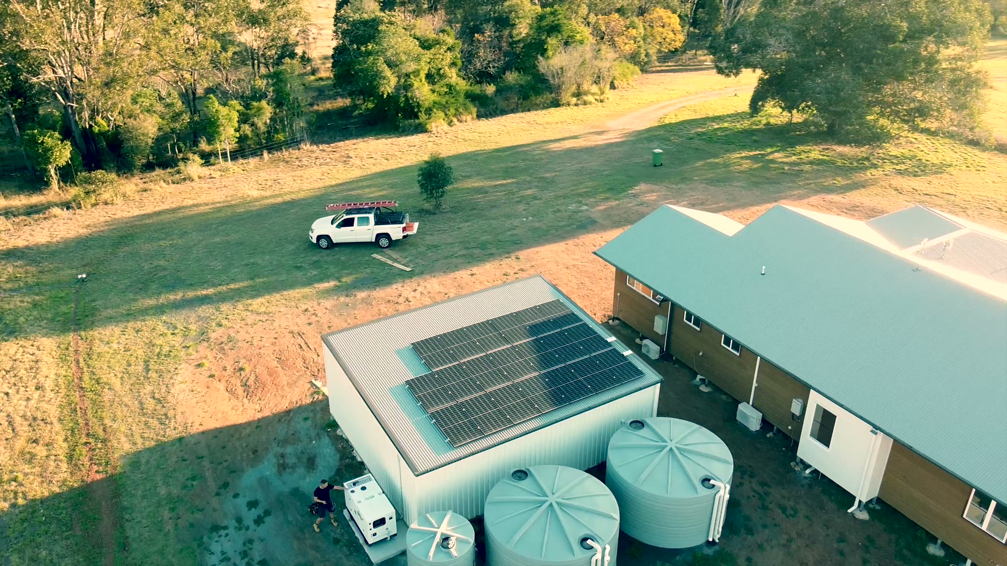 Aerial view of a solar-powered rural property in South East Queensland
