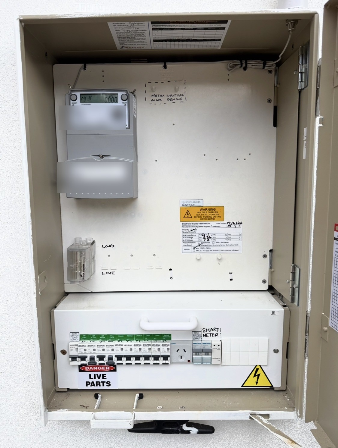A residential switchboard opened up during a High Energy electrical safety inspection — cover off to check the main switch, safety switches, breakers and wiring